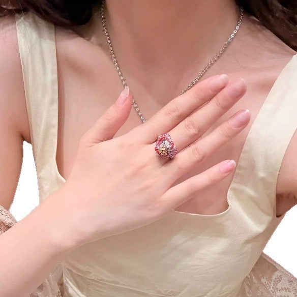 Wholesale Super shiny full diamond pink kitten ring niche design sweet colorful ring