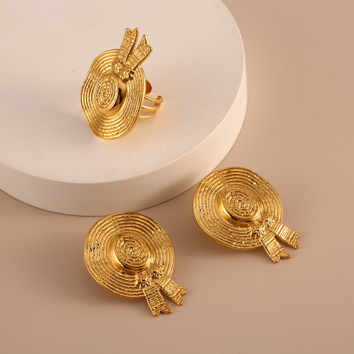 Wholesale Stainless steel straw hat earrings, personalized retro texture earrings, ring matching wholesale