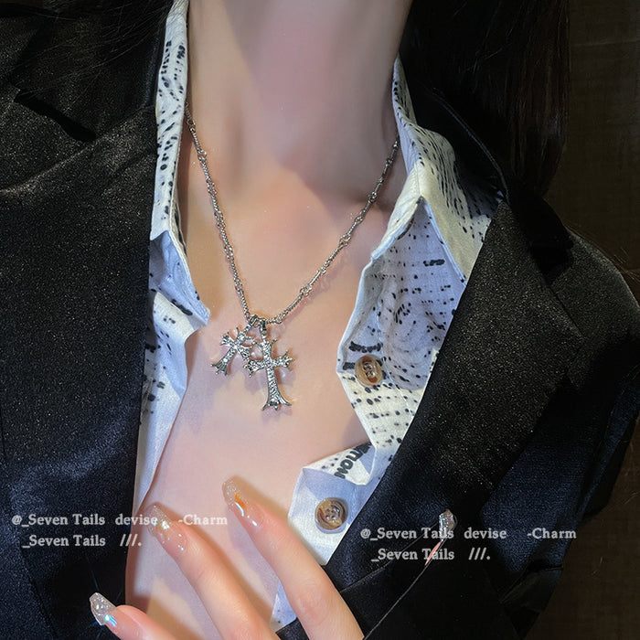 Wholesale Punk style full diamond cross long necklace, light luxury, high-end feeling, collarbone chain temperament, versatile accessories