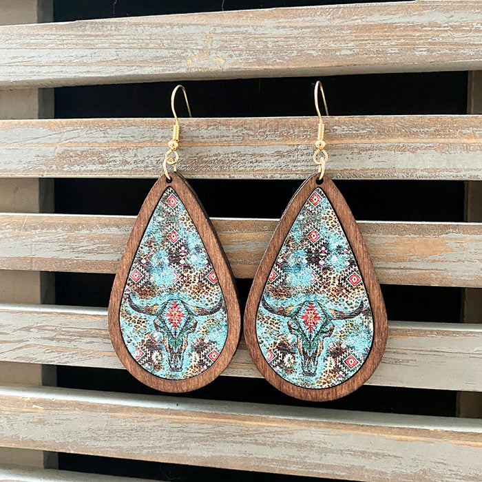Wholesale Western Retro Wooden Earrings Aztec Water Drop Pattern Atmospheric