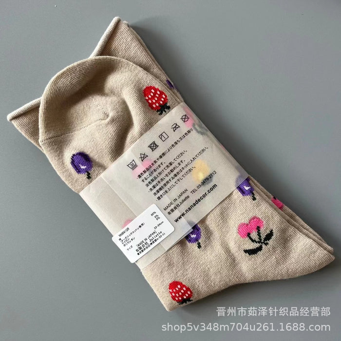Wholesale Fruit and flower loose mouth rolled edge mid tube socks, simple cotton socks