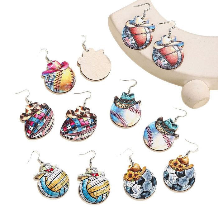 Wholesale Denim Hat Ball Wooden Pendant Earrings Rugby Football Volleyball Earrings Gifts