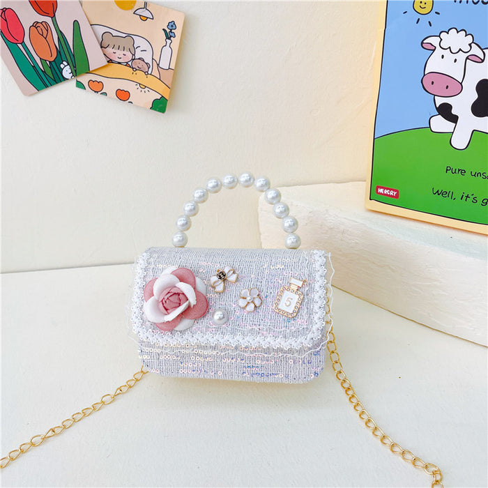 Wholesale Children's Bag Chain Bag Pearl Accessories Hand Bag  Children's Cute Little Flower Shoulder Bag Girl