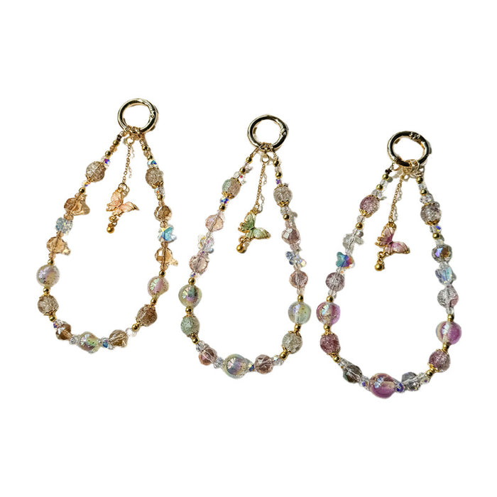 Wholesale Beaded Popcorn Crystal Beads Mobile Phone Chain Alloy Butterfly Gold Beads Keychain