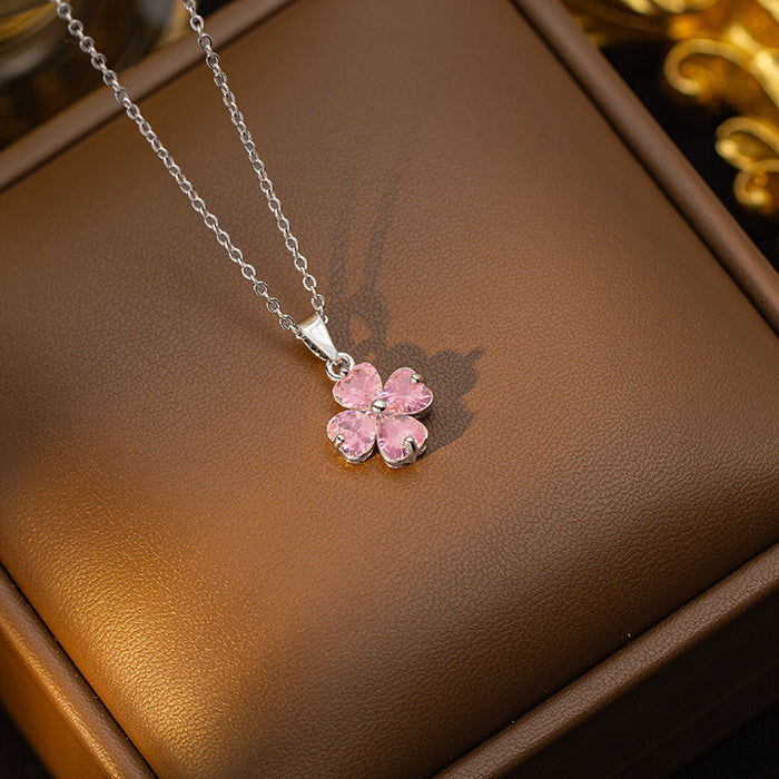 Wholesale Copper-set zircon four-leaf clover colored Titanium steel pendant necklace and earring set