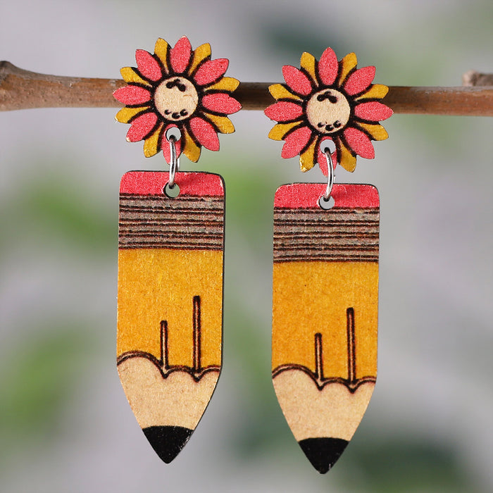 Wholesale Sunflower pencil earrings graduation season students teachers double-sided wooden earrings earrings gift