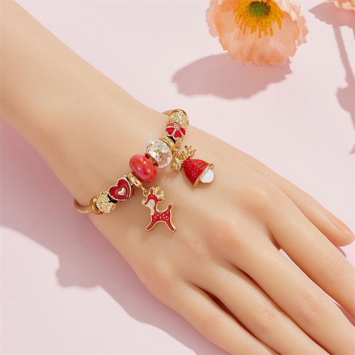 Wholesale Stainless Steel Elk Snowflake Bell Pendant Beaded Bracelet Christmas MOQ≥2