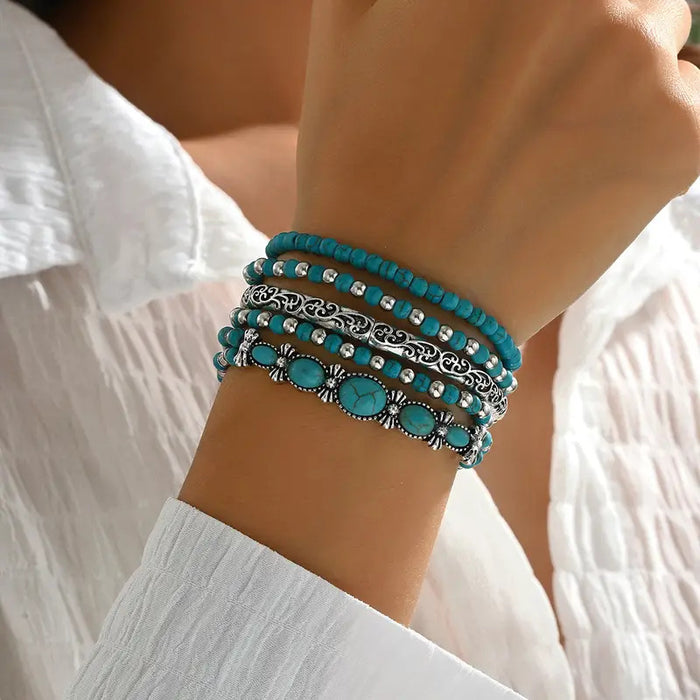 Wholesale 5-Piece Set of Turquoise Series Elastic Rope beaded Bracelets