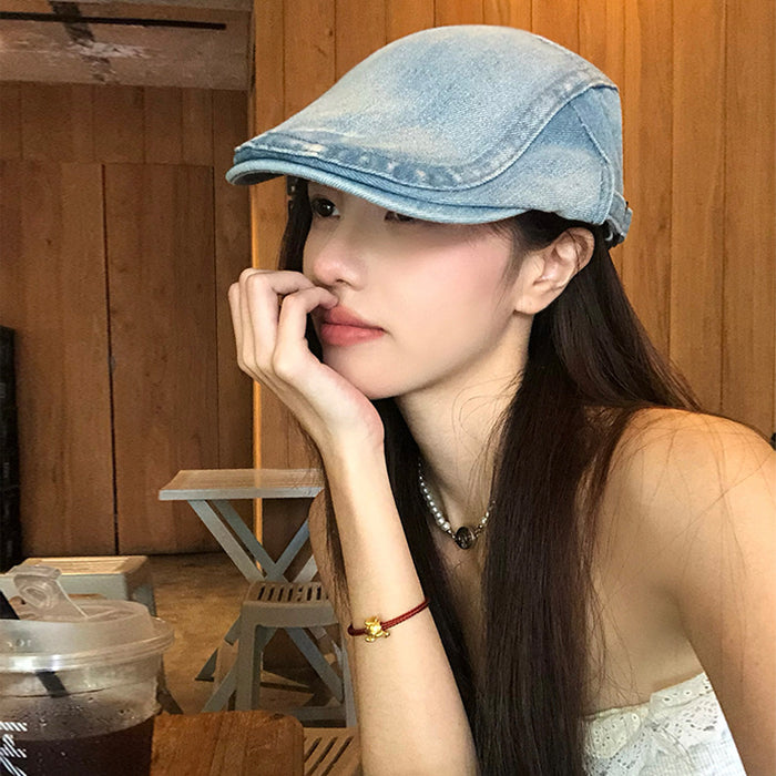 Wholesale Retro washed denim front versatile reverse ducktongue beret hat
