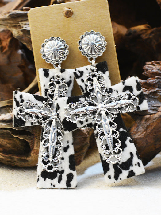 Wholesale Western Style Cow Pattern Turquoise Alloy Horseshoe Leopard Print Cross Earrings JDC-ES-ChenC012