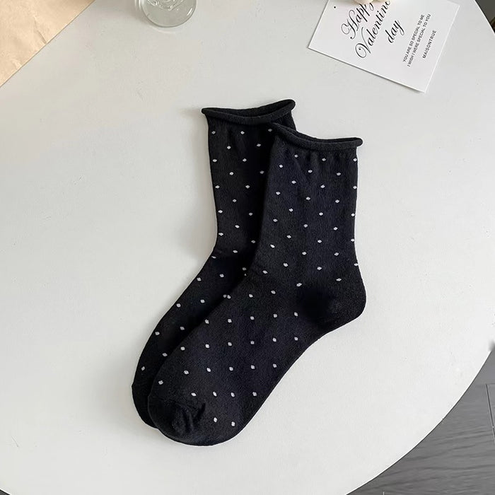 Wholesale Curled edge polka dot socks, mid tube socks, anti odor and sweat absorbing, summer thin style, spring and autumn breathable pile socks