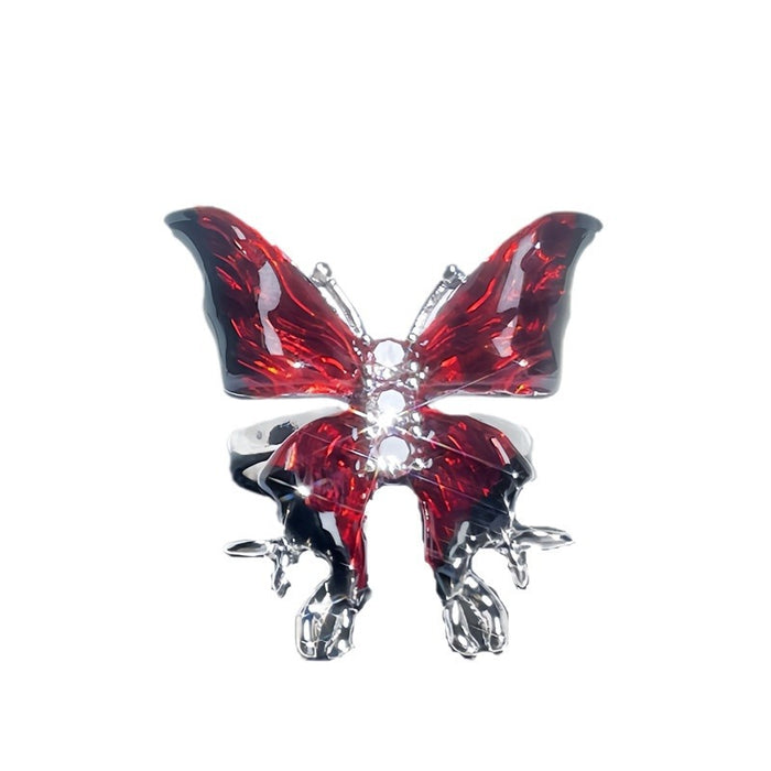 Wholesale Copper Red Enamel Drop Glaze Butterfly Open Ring For Women Stylish Geometric Design Jewelry Accessory Boutique Gift