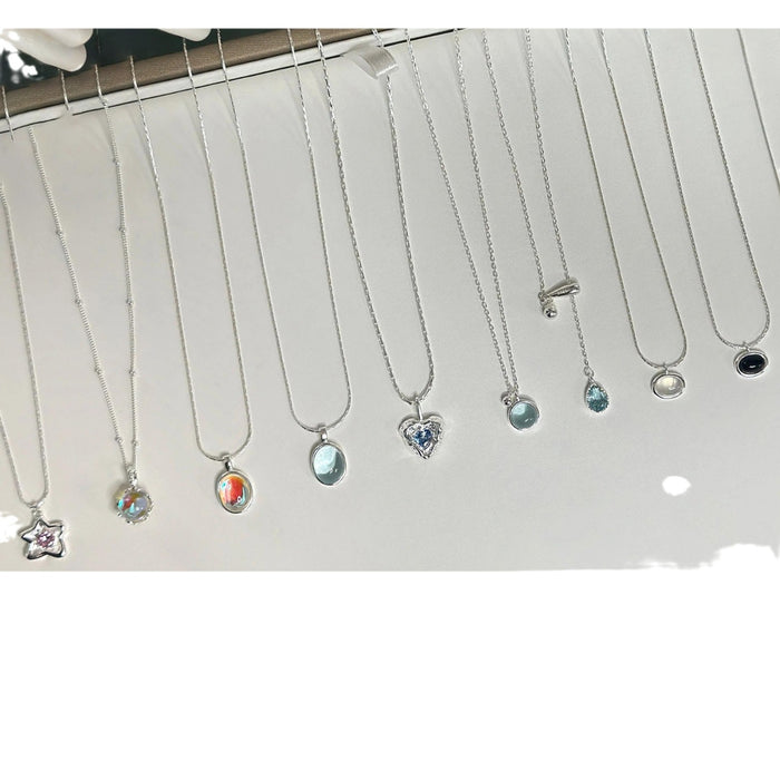 Wholesale Pure silver gemstone versatile necklace, geometric ellipse, high-end niche collarbone chain