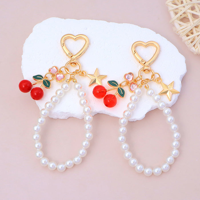 Wholesale Advanced Water Diamond Bow Cherry Keychain Pearl Chain Bag Pendant Car Hanging Accessories Versatile Accessories