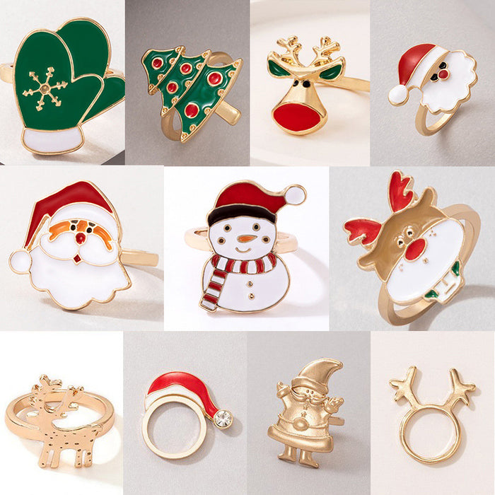 Wholesale Christmas Drip Oil Elk Santa Ring Alloy Jewelry Accessory Boutique Resale MOQ≥2