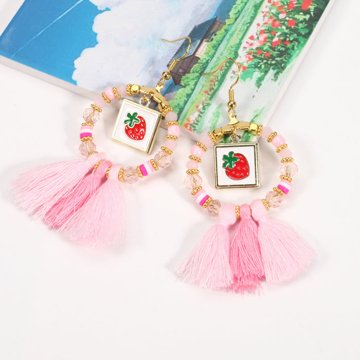 Wholesale Beaded Strawberry Pendant Earrings Pink Red Cute Fruit Earrings JDC-ES-Xiny006