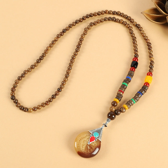 Wholesale Long Cotton and Linen Accessories Wooden Pendant Buddhist Beads Necklace JDC-NE-Luox003