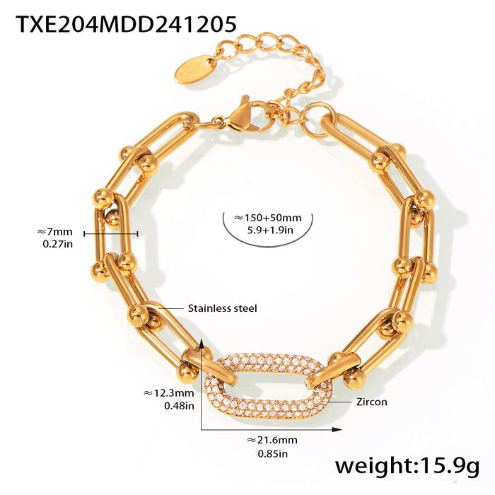Wholesale Square Sugar Stainless Steel Gold Plated Horseshoe Buckle Zircon Necklace Bracelet Jewelry Set for Female Heavy Industry