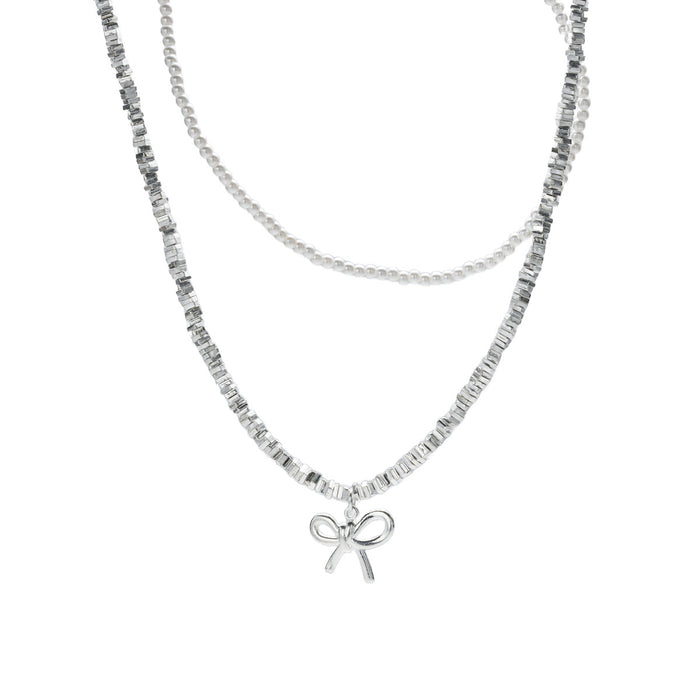 Wholesale Cross border new bow necklace with simple and high-end feel, retro double-layer layered design, imitation pearl collarbone chain