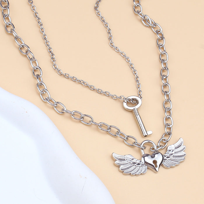 Wholesale 2PCS Alloy Lock Shape Angel Wings Necklace JDC-NE-WenB008