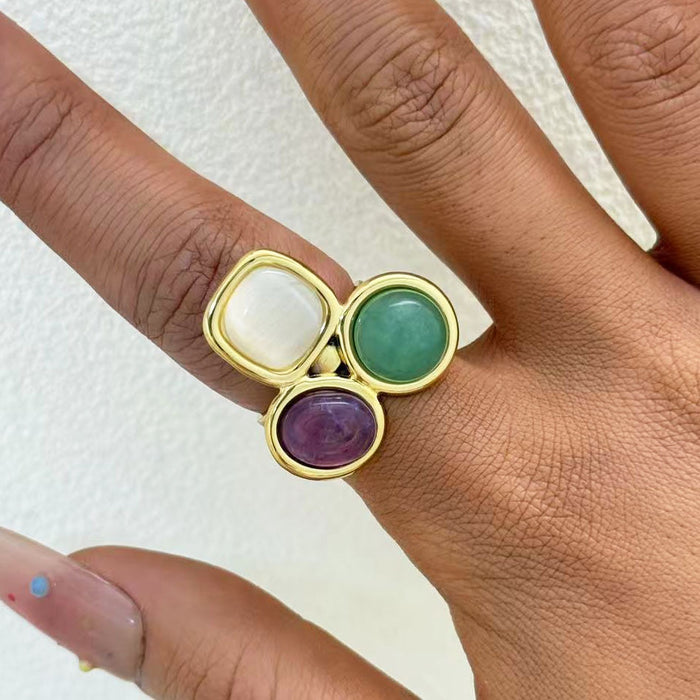 Wholesale Stainless Steel Natural Stone Geometric Open Ring Women Jewelry