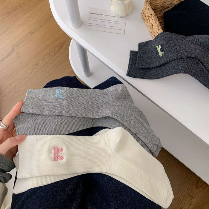 Wholesale Socks Children's Cotton Socks Embroidered Bow Double Needle Middle Tube Socks Breathable