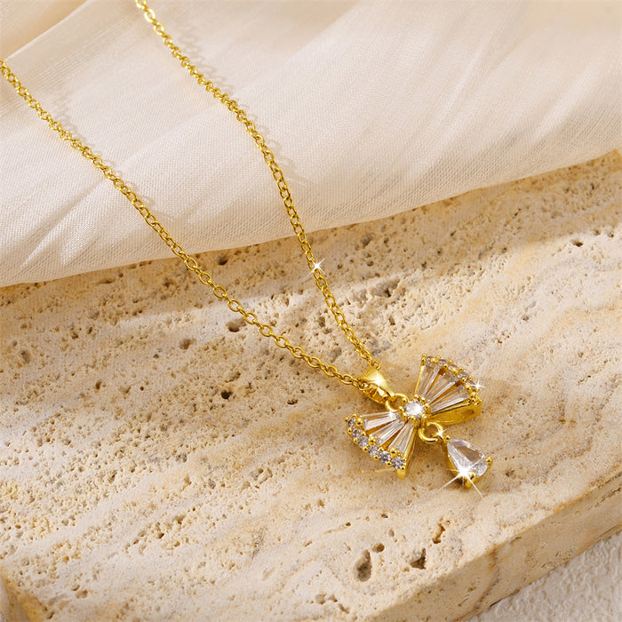 Wholesale Zirconia inlaid bow pendant accessory, titanium steel necklace, niche design, versatile collarbone chain accessory