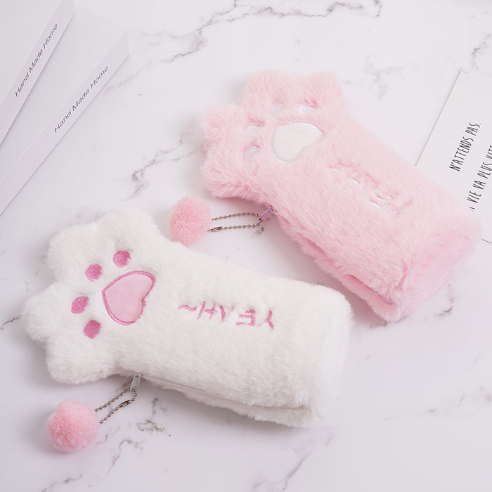 Wholesale Cartoon Cute Plush Pencil Case Cat Paw Large Capacity
