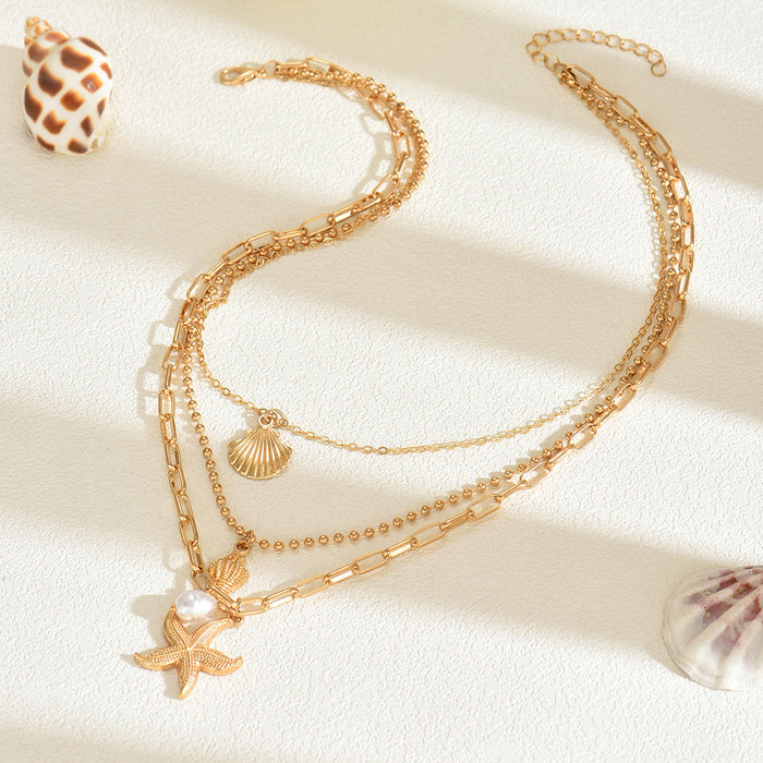 Wholesale Fashionable multi-layer layered metal starfish pendant necklace with conch shell necklace