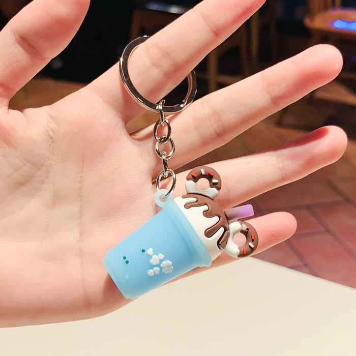 Wholesale Sweet Donut Milk Tea Small Gift PVC Soft Rubber Cute Milk Tea Cup Keychain Car Pendant Bag Hanging Decoration
