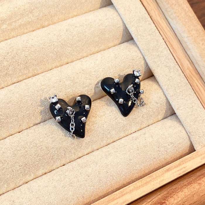 Wholesale Black Love Chain Tassel Alloy Stud Earrings JDC-ES-MiaoYa003