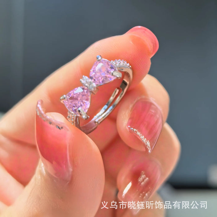 Wholesale Pink zirconium bow ring, niche design, light luxury, versatile, exquisite adjustment, romantic ring