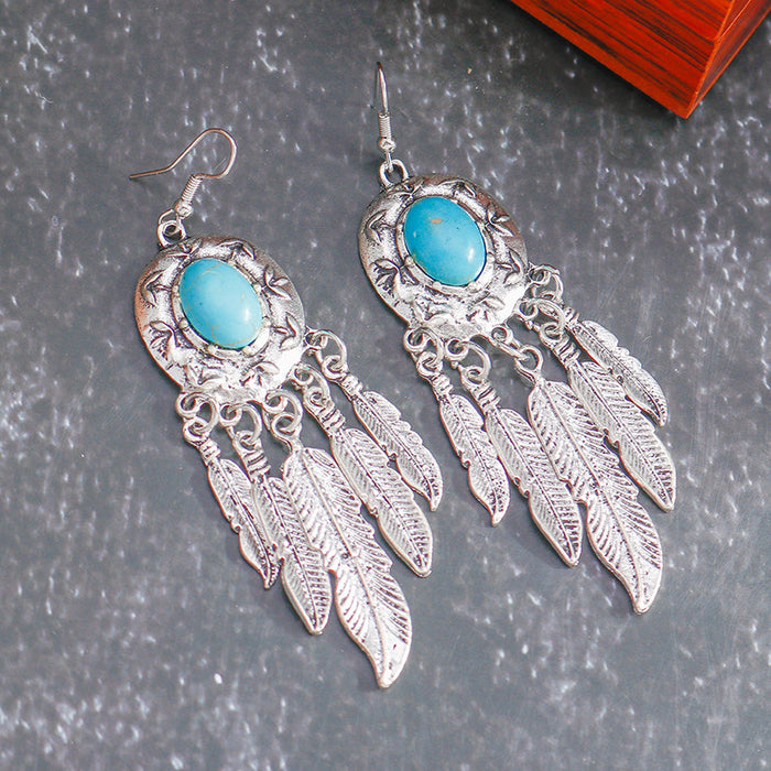 Wholesale Bohemian style turquoise tassel and feather earrings