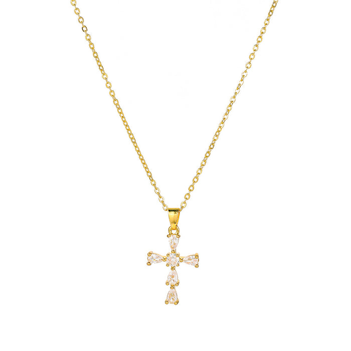 Wholesale Fashionable, trendy, personalized, versatile copper micro inlaid cross, water droplet inlaid diamond necklace accessory