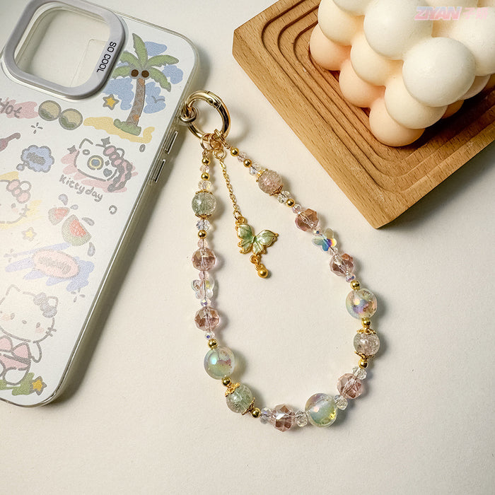 Wholesale Beaded Popcorn Crystal Beads Mobile Phone Chain Alloy Butterfly Gold Beads Keychain
