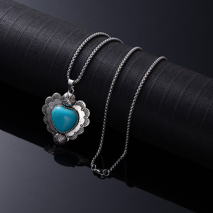 Wholesale Retro Western style natural turquoise necklace,  retro versatile titanium steel chain,  ethnic accessories