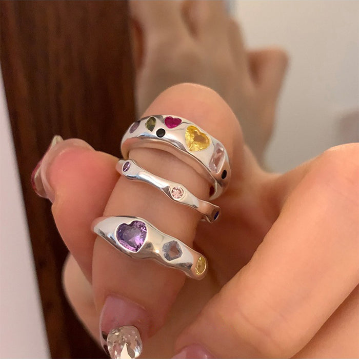Wholesale Irregular alloy metal colored zircon heart ring, niche retro personality, simple and versatile temperament ring