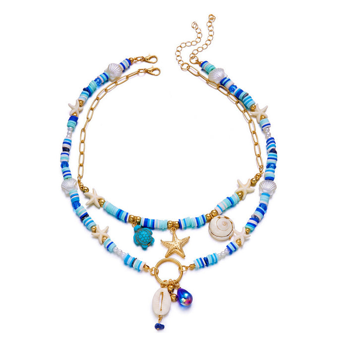 Wholesale Bohemian Sea Shells Starfish Beaded Multi-Layer Choker Necklace Summer Beach Vacation