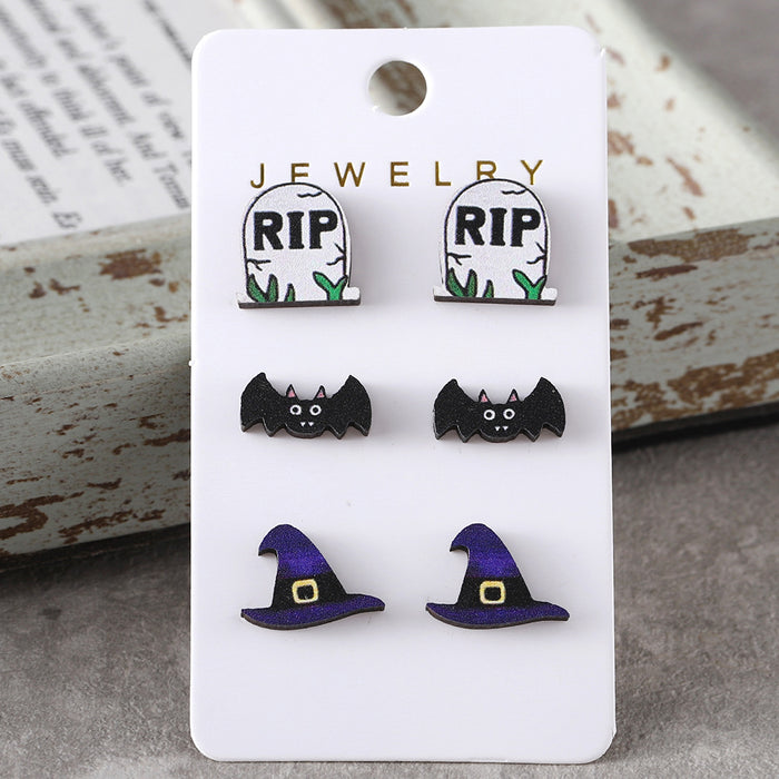 Wholesale  Bat Pumpkin Black Cat Skull Ghost Earring Set Wooden Party Earring Gift