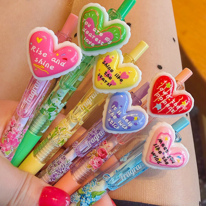 Wholesale 6 pcs Colorful and cute cartoon heart-shaped push-button pen