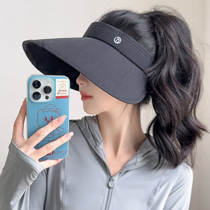 Wholesale Matte black rubber sun hat versatile, face covering, large brim, empty top hat for outdoor travel, beach sun hat