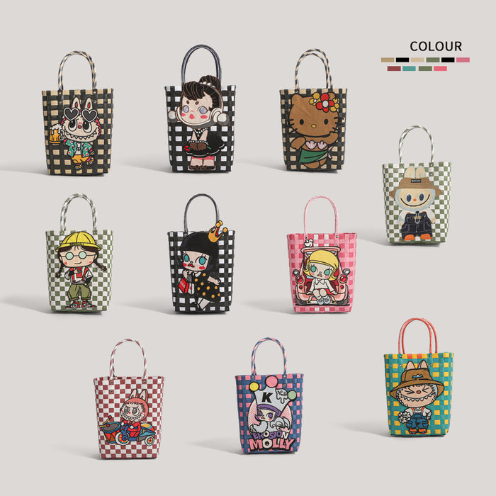 Wholesale  Plastic Woven Handbag Black Leather  Woven Vegetable Basket Handbag Handmade Bag