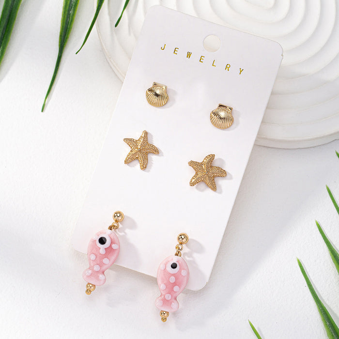 Wholesale Qingdao Daiwei European and American Ins Popular Jewelry Cross-Border E-Commerce Supply 3 Pairs of Shell Starfish Ceramic Fish Earrings Set