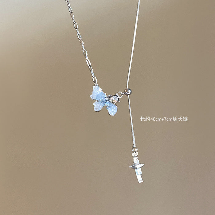 Wholesale Gradient ice crystal pearl butterfly tassel necklace collarbone chain neck chain accessory