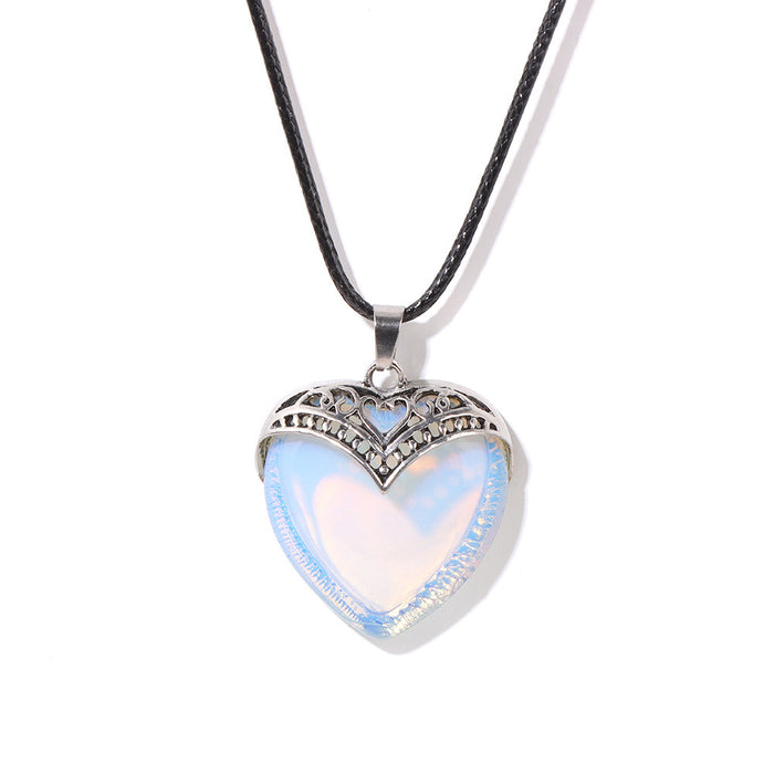 Wholesale Heart shaped pendant necklace with stone beads and tiger' s eye adjustable leather cord