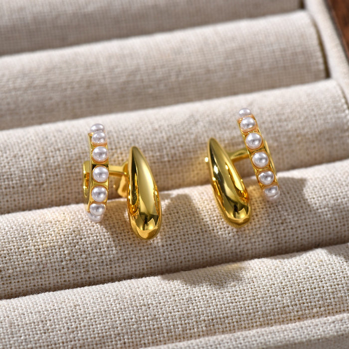 Wholesale  metal brass plated 18k gold inlaid pearl earrings S925 silver pin earrings for women