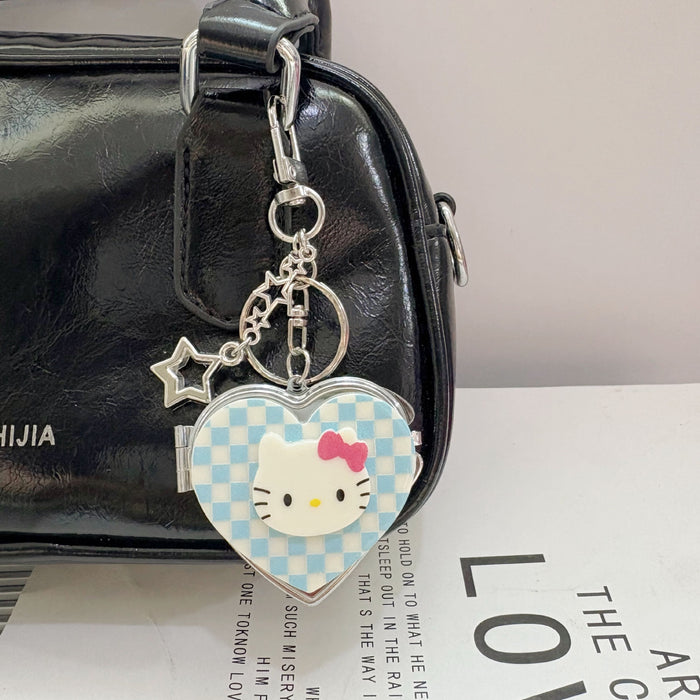 Wholesale Cute Cartoon Cat Checkered Heart Portable Mirror Keychain