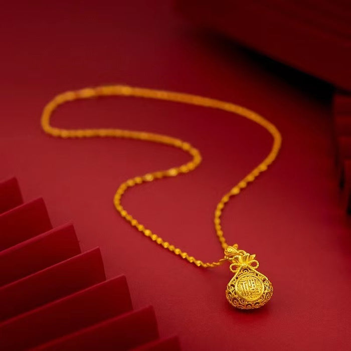 Wholesale Sand gold filigree hollow out lucky bag pendant necklace, brass gold-plated retro hollow out money bag pendant necklace accessories