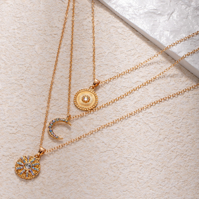 Wholesale Popular retro multi-layer layered star moon necklace with light luxury design and diamond studded water droplet pendant