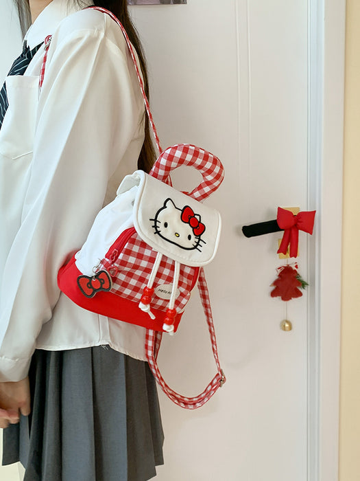 Wholesale Red Plaid Canvas Backpack Women' s Cute Kitten Handbag